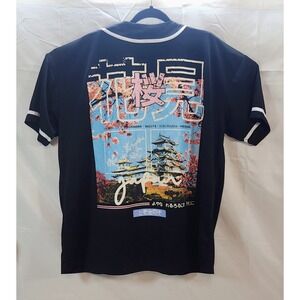 Japan Graphic Baseball Jersey Shirt Men's 2XL Black Sakura Castle Button Front